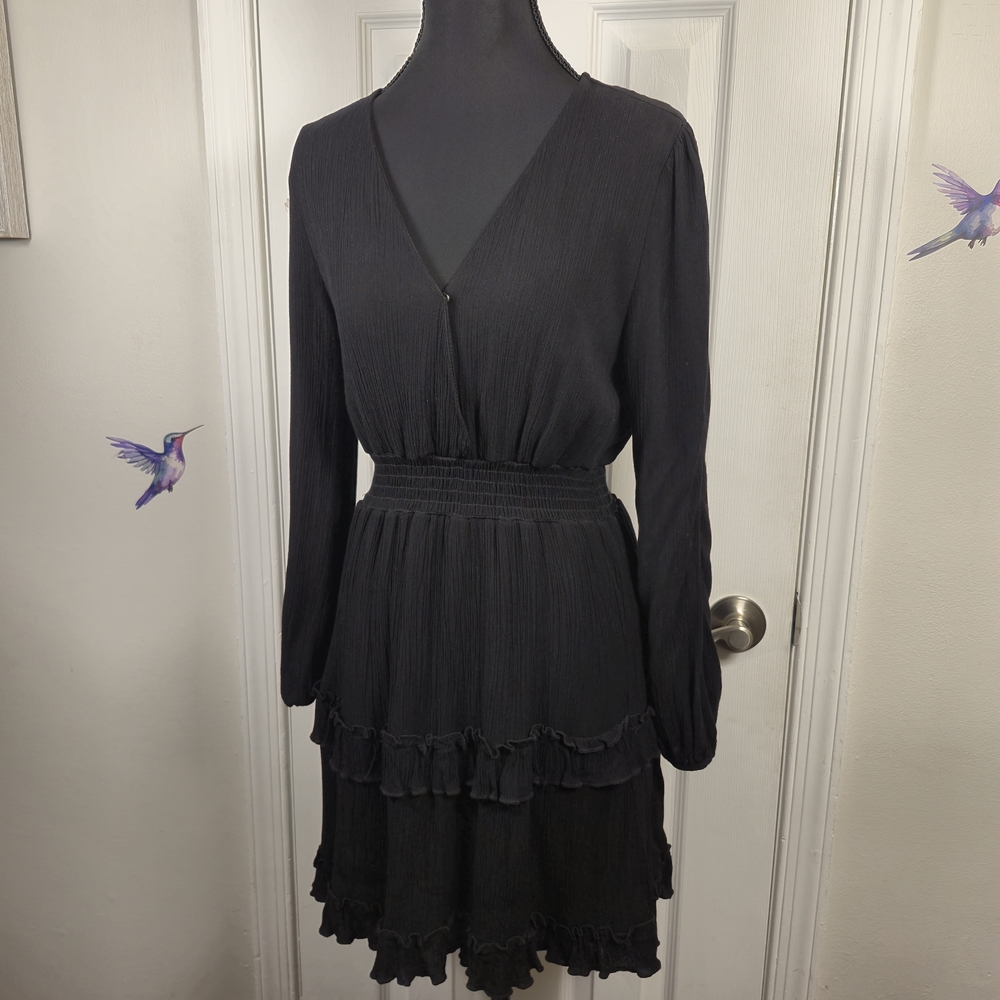 Altar'd State Black Ruched Tiered Mini Dress Size XS Dark Romance Feminine